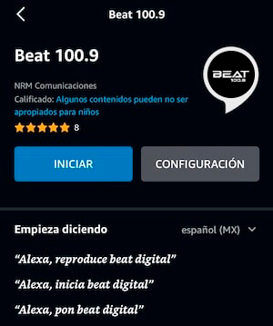 La ficha de la skill Beat 100.9 en la app de Alexa, con el botón «Iniciar».