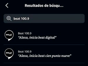 La búsqueda de «beat 100.9» en la app de Alexa, con dos resultados de Beat 100.9.